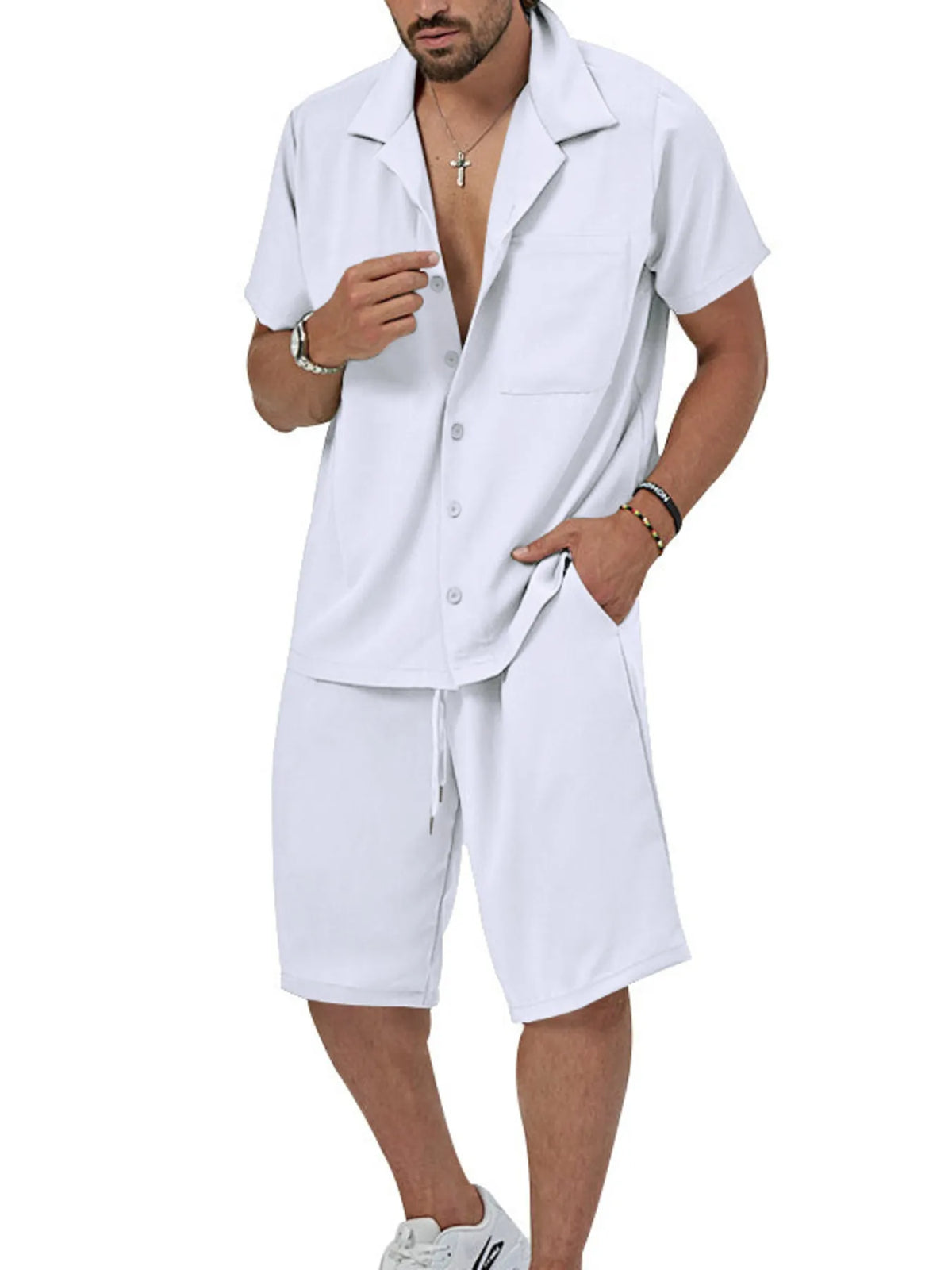 Men's Plus Size Button Up Short Sleeve Shirt and Shorts Set in White