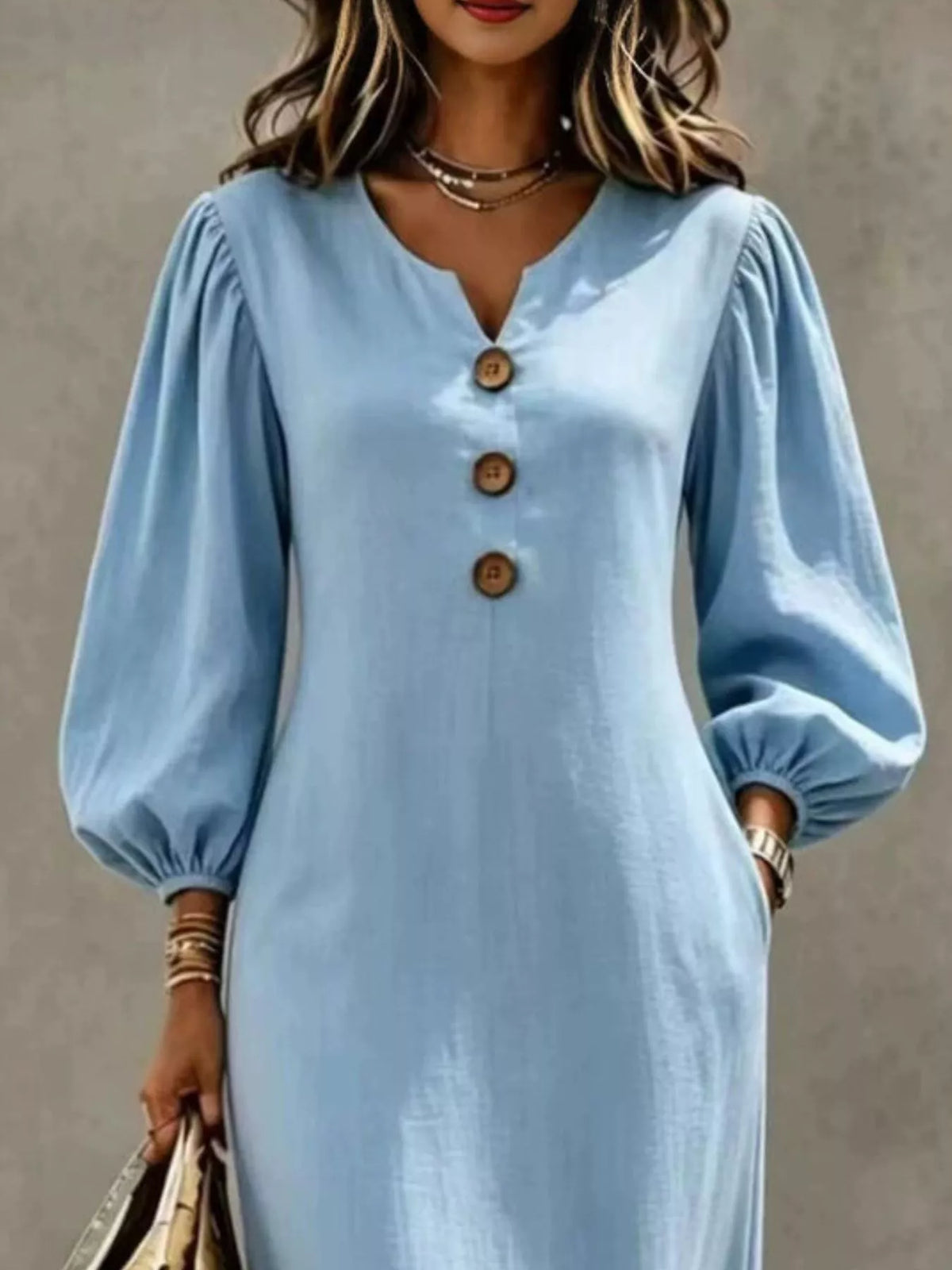 Decorative Button Balloon Sleeve Maxi Dress - Lilixa.store