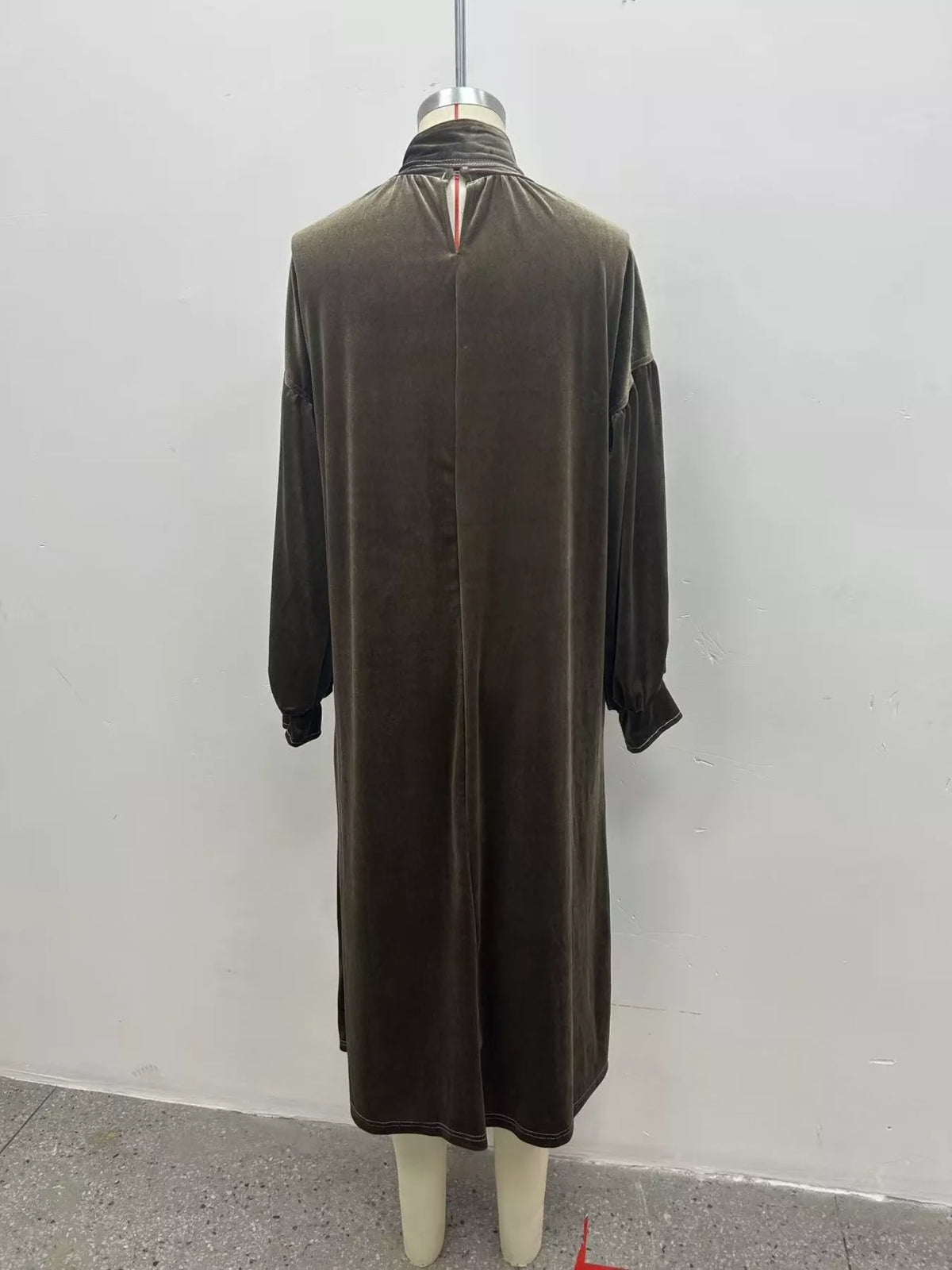 Full Size Velvet Tie-Neck Lantern Sleeve Midi Dress Plus Size