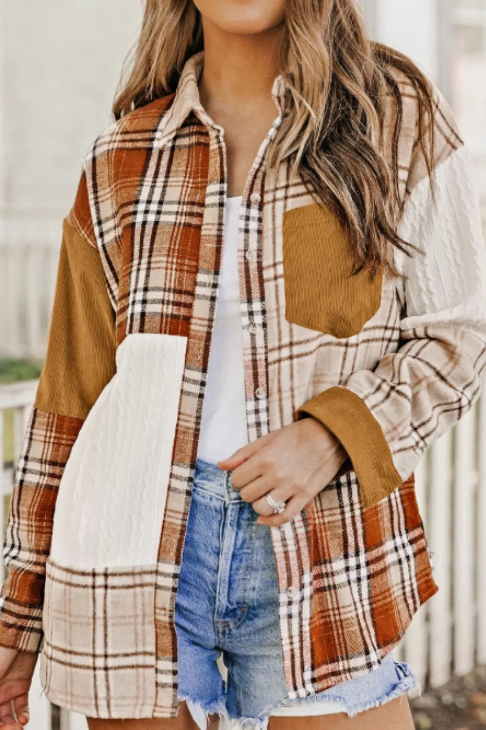Plaid Button Up Long Sleeve Shacket in Sherbet, view 6