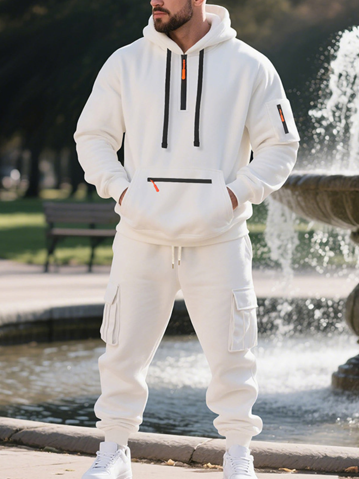Men's Plus Size Tactical Cargo Hoodie and Jogger Set in White