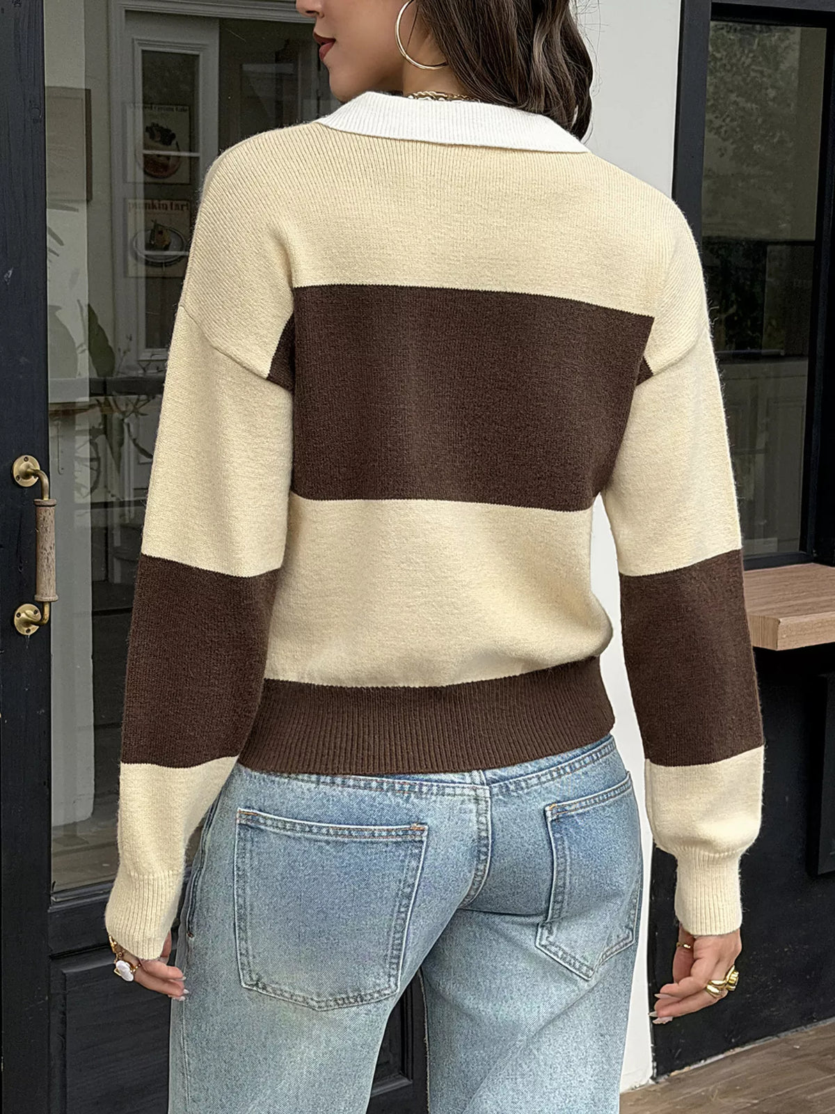 Color Block Polo Collar Knit Sweater - Lilixa.store