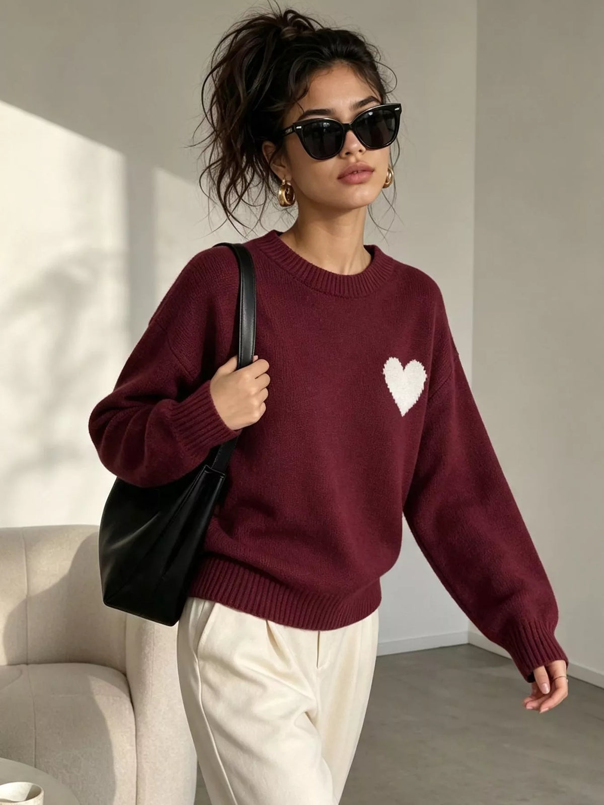 Heart Pattern Round Neck Sweater in Wine Red