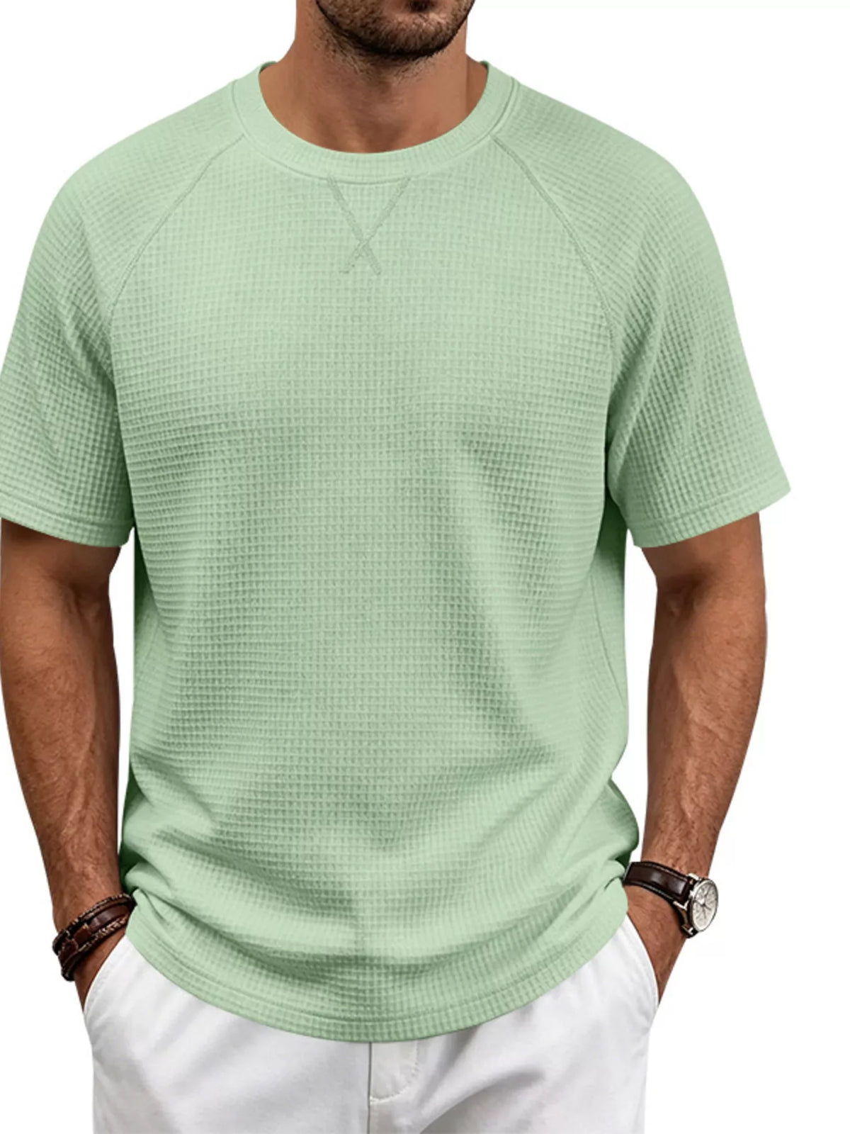 Men's Full Size Waffle Knit Raglan Short Sleeve T-Shirt Plus Size - Lilixa.store