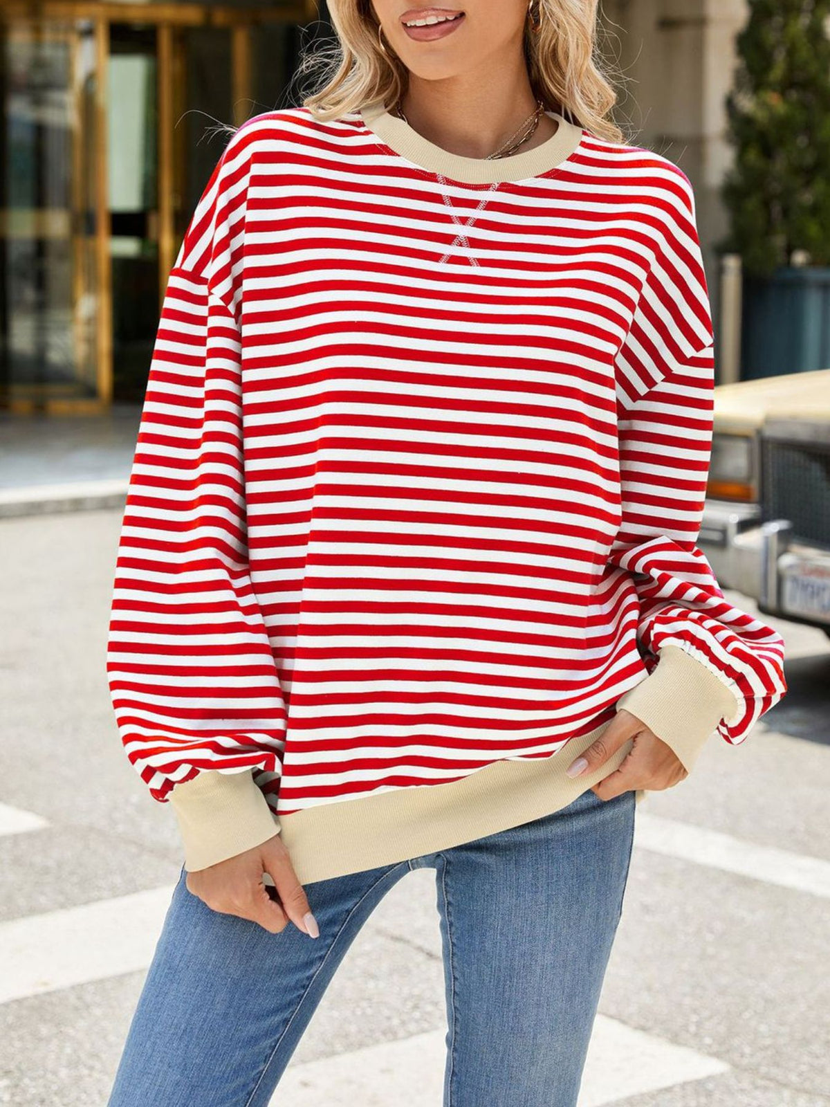 Striped Crew Neck Long Sleeve Sweatshirt, view 13
