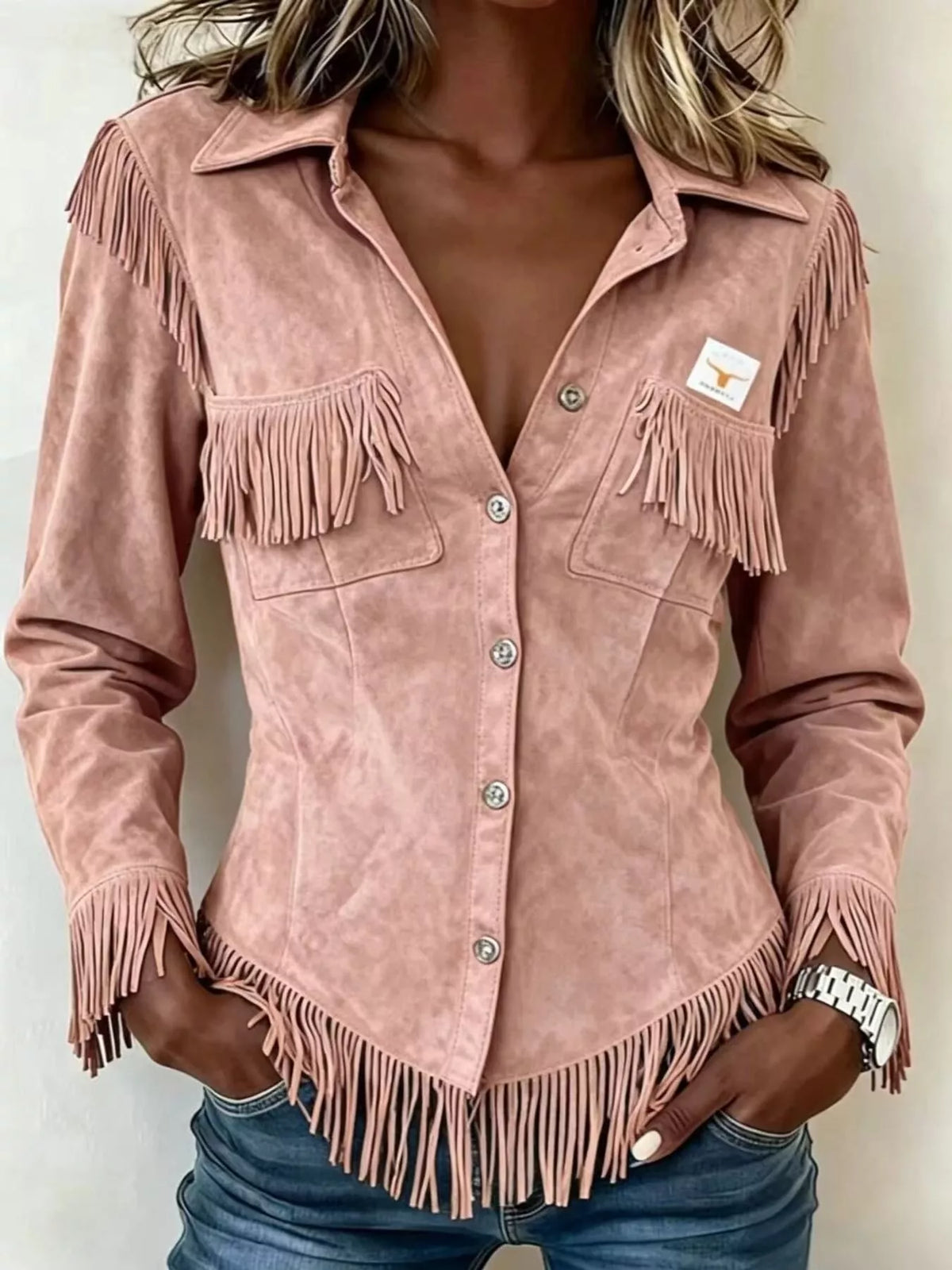Full Size Fringed Snap Down Jacket Plus Size - Lilixa.store