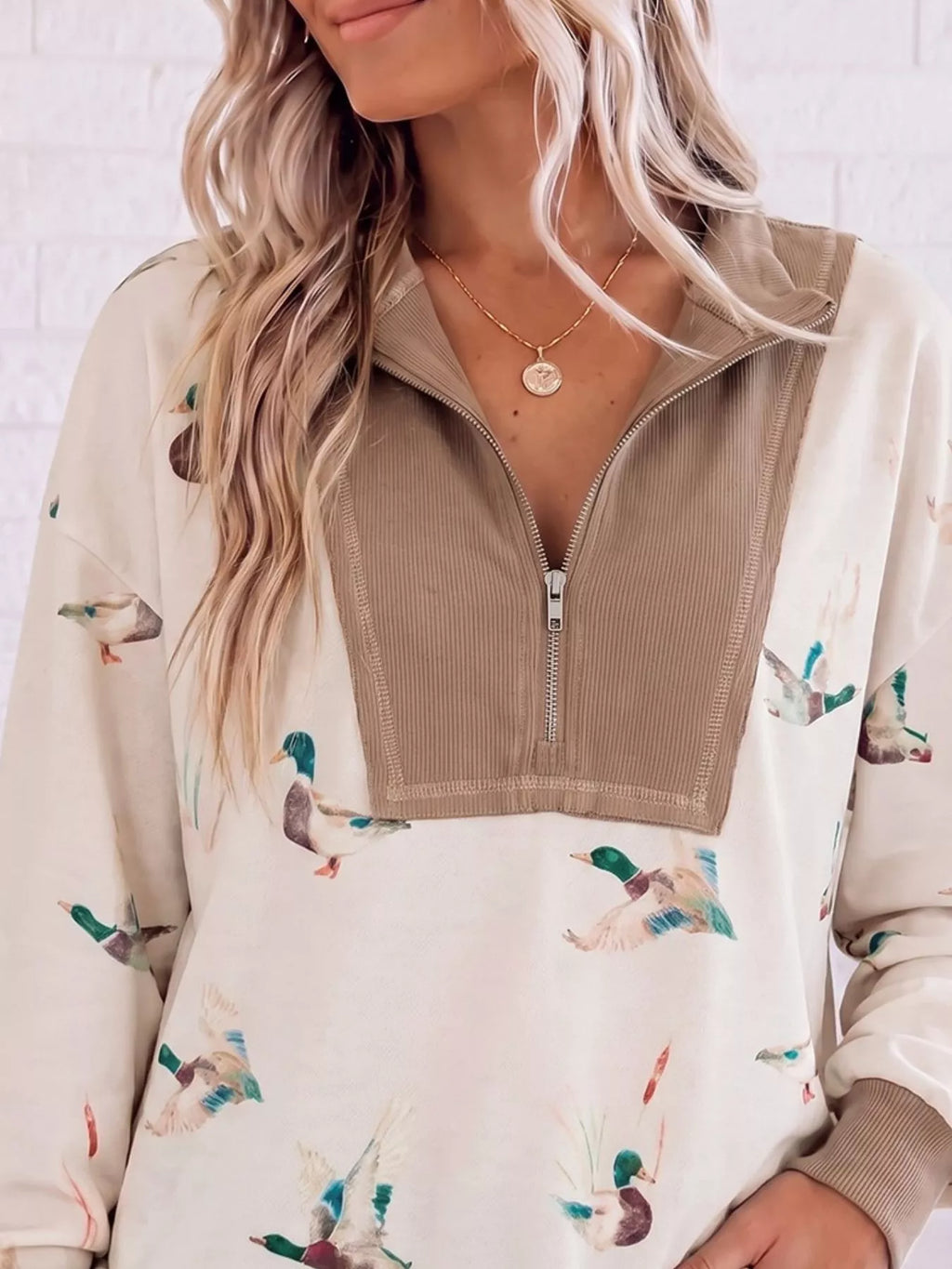 Quarter-Zip Duck Print Casual Sweatshirt - Lilixa.store