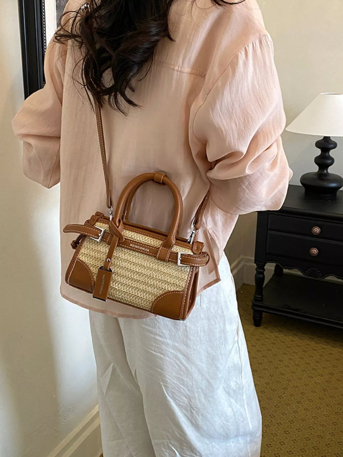 Leather Trim Woven Crossbody Bag