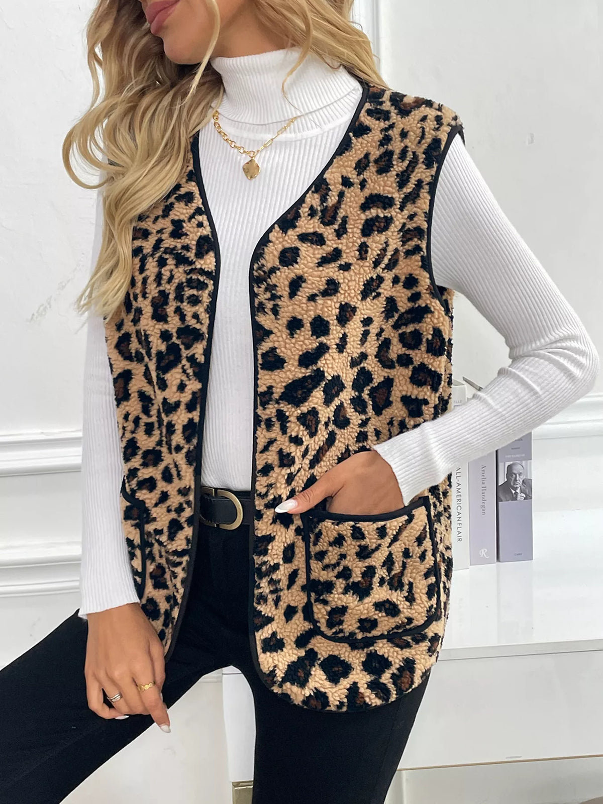 Leopard Fleece Vest Coat with Pockets in Coffee Brown, view 4