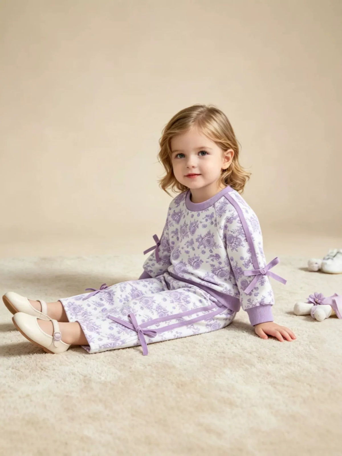 Children's Floral Print Round Neck Top and Pants Two-Piece Lounge Set - Lilixa.store