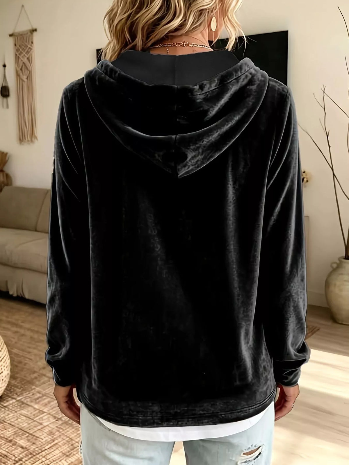 Full Size Drawstring Velvet Long Sleeve Hoodie Plus Size, view 2