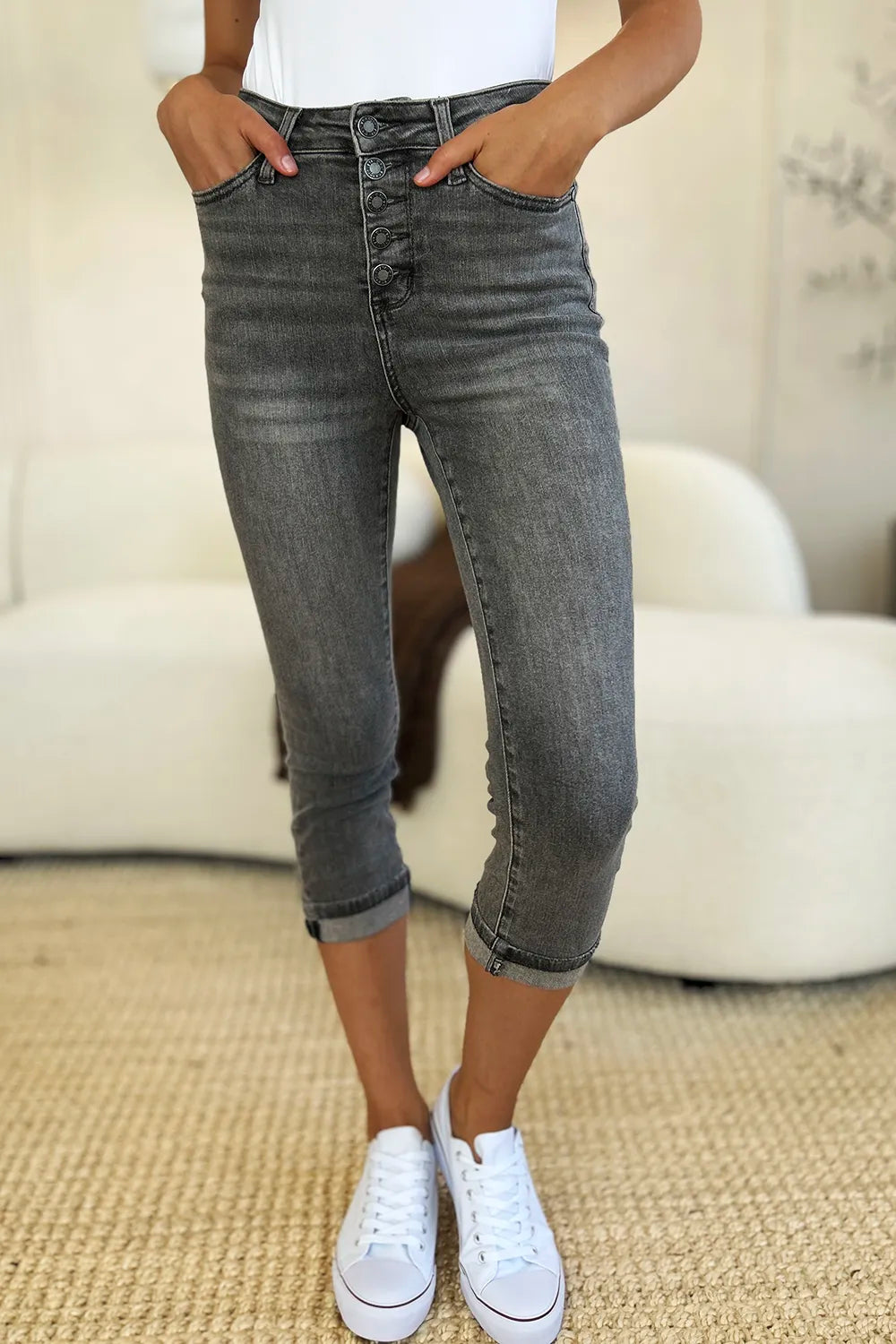 Judy Blue Full Size Button Fly High Waist Cuffed Capris - Lilixa.store