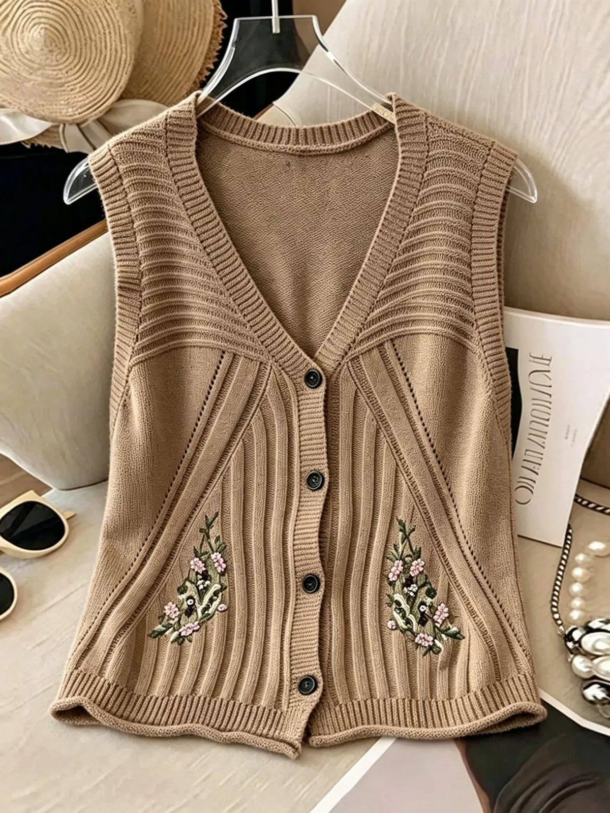 Floral Embroidered V-Neck Button-Down Sweater Vest - Lilixa.store