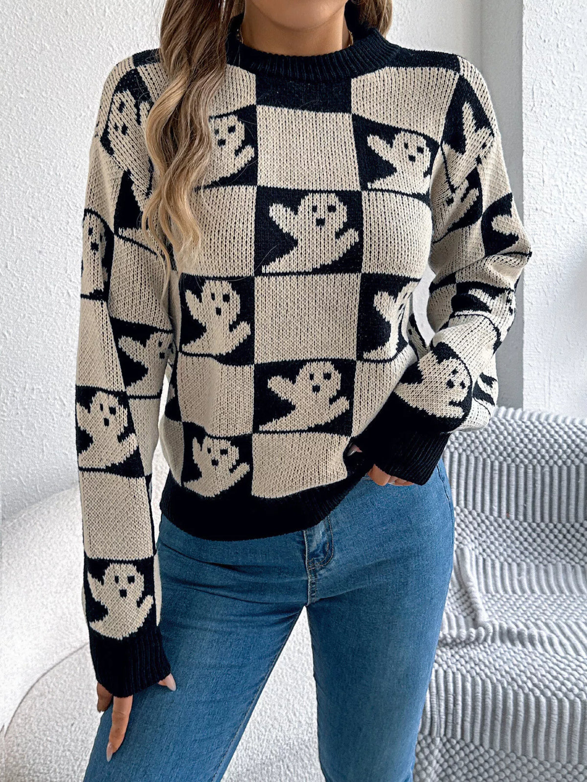 Checkerboard Halloween Graphic Sweater