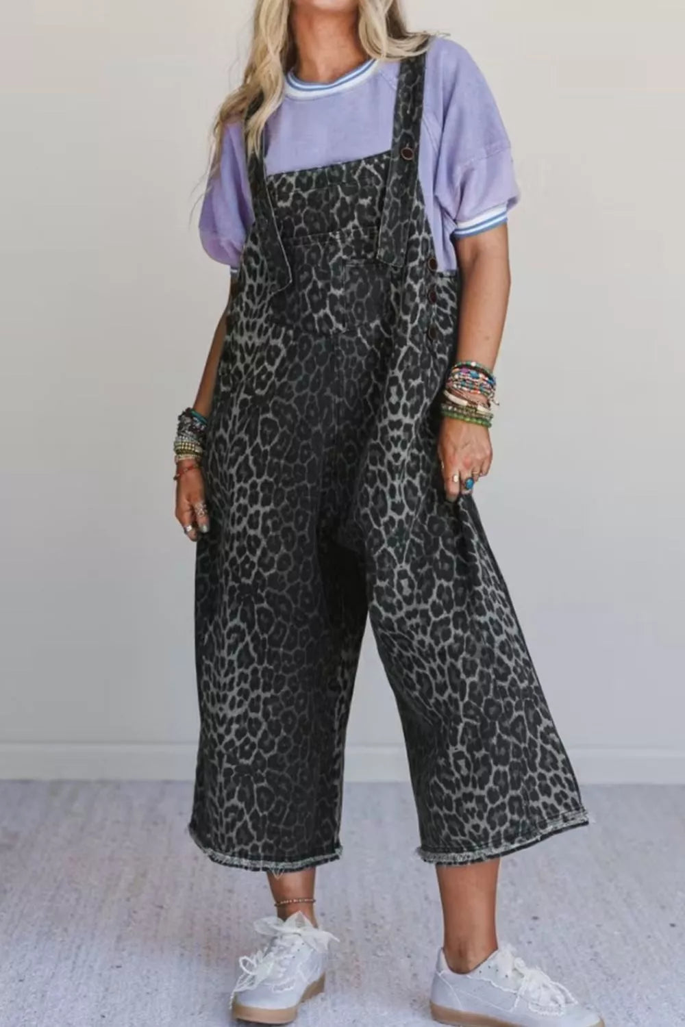 Leopard Print Button Adjustable Straps Cropped Loose Denim Overalls - Lilixa.store