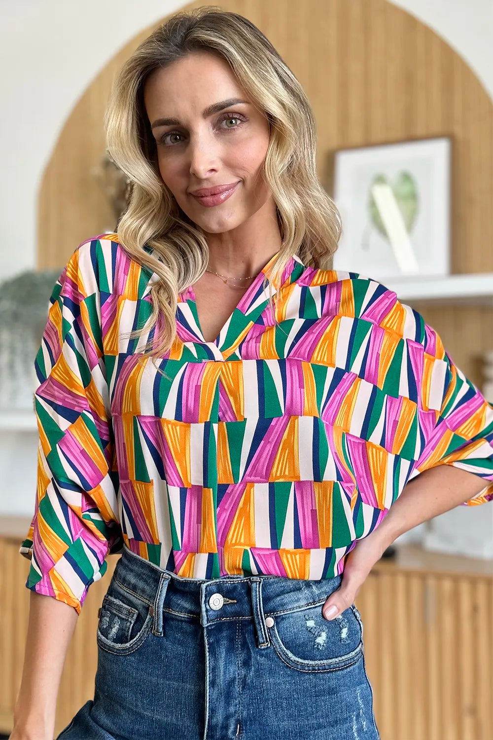 Double Take Full Size Geometric Notched Dolman Sleeve Top - Lilixa.store