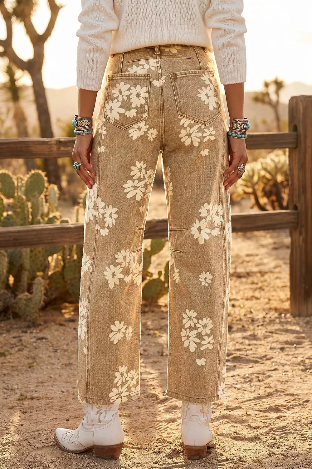 Floral Print Metal Button Pleated Straight Leg Jeans - Lilixa.store