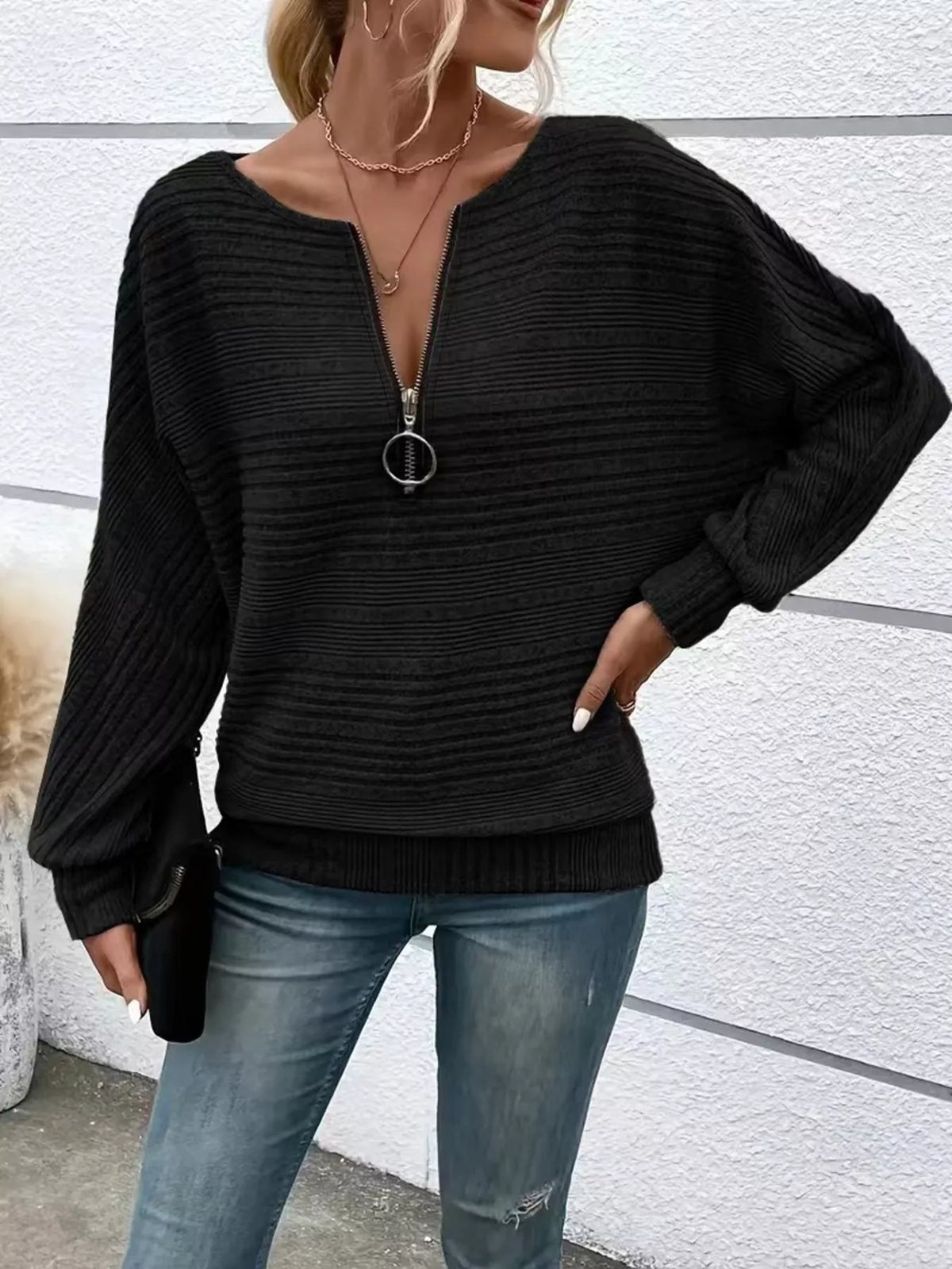 Ribbed Knit Quarter Zip Sweatshirt - Lilixa.store