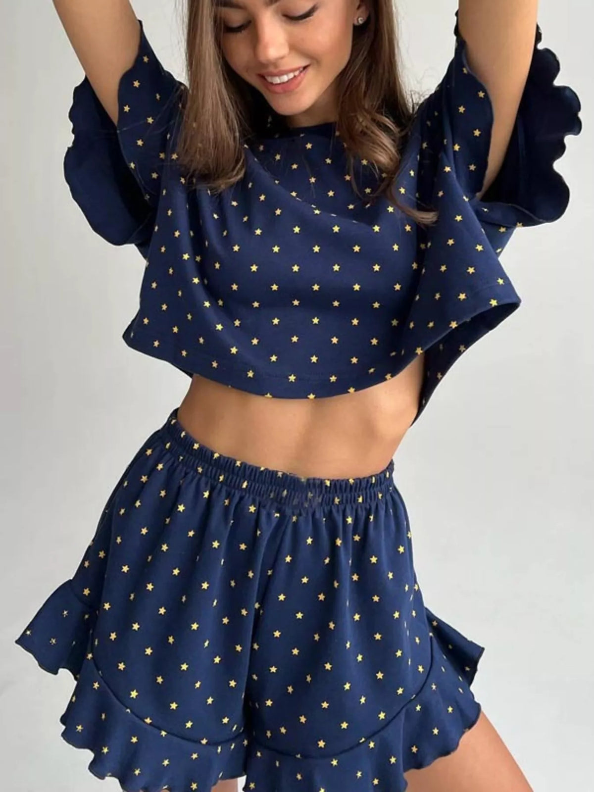 Printed Crop Top and Ruffled Shorts Lounge Set - Lilixa.store