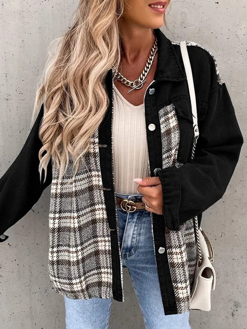 Plaid Button Up Dropped Shoulder Jacket in Black