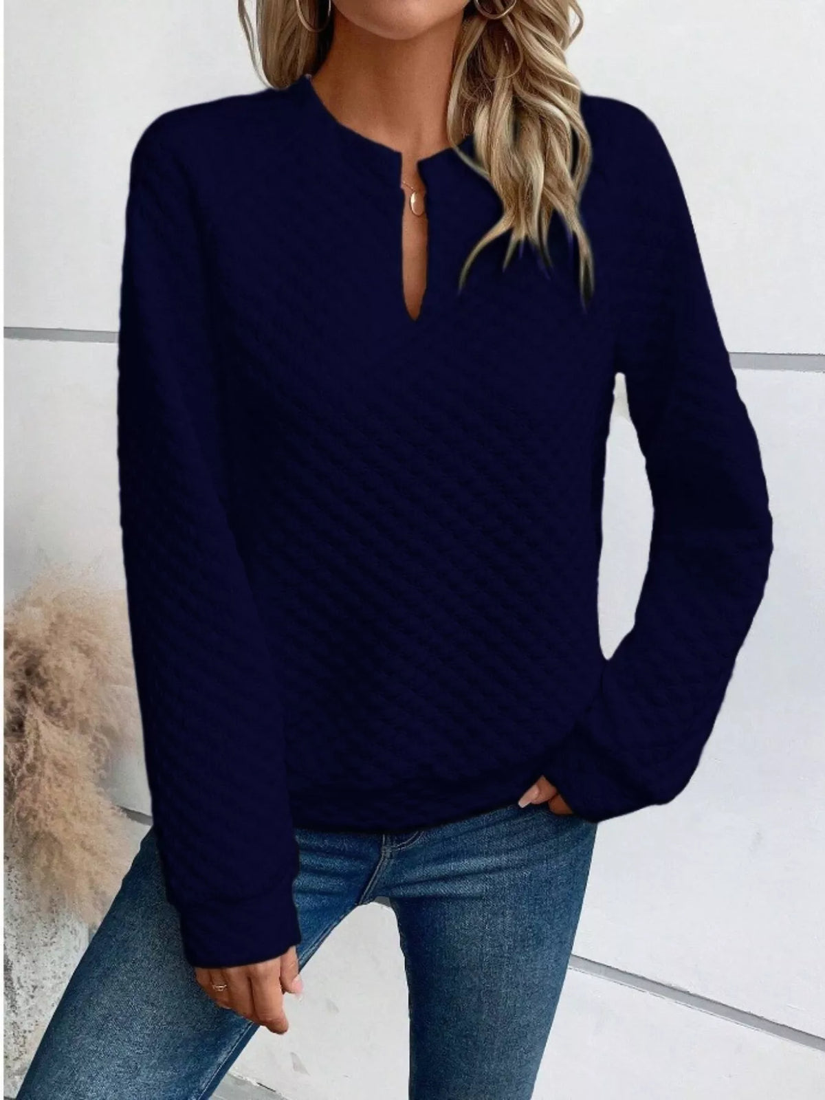 Textured Notched Long Sleeve Sweatshirt - Lilixa.store