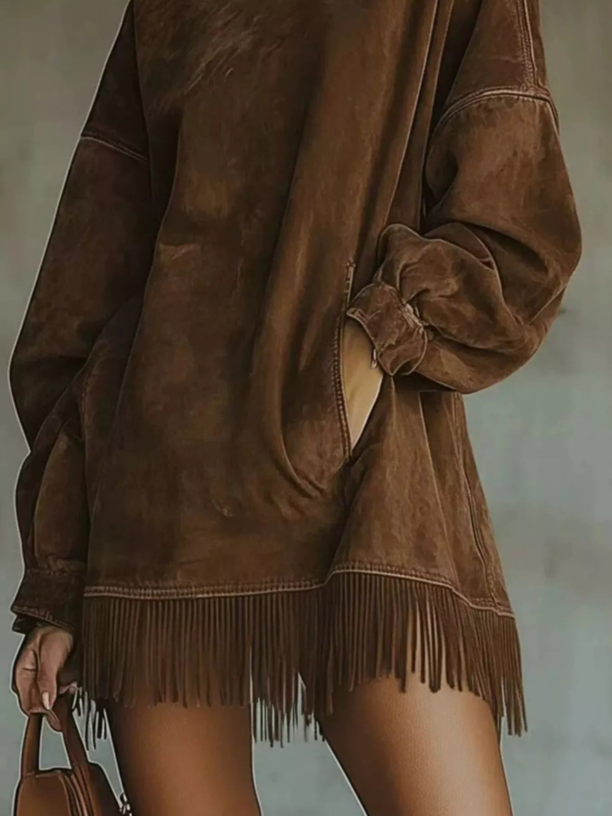 Full Size Mock Neck Fringed Hem Long Sleeve Mini Dress Plus Size