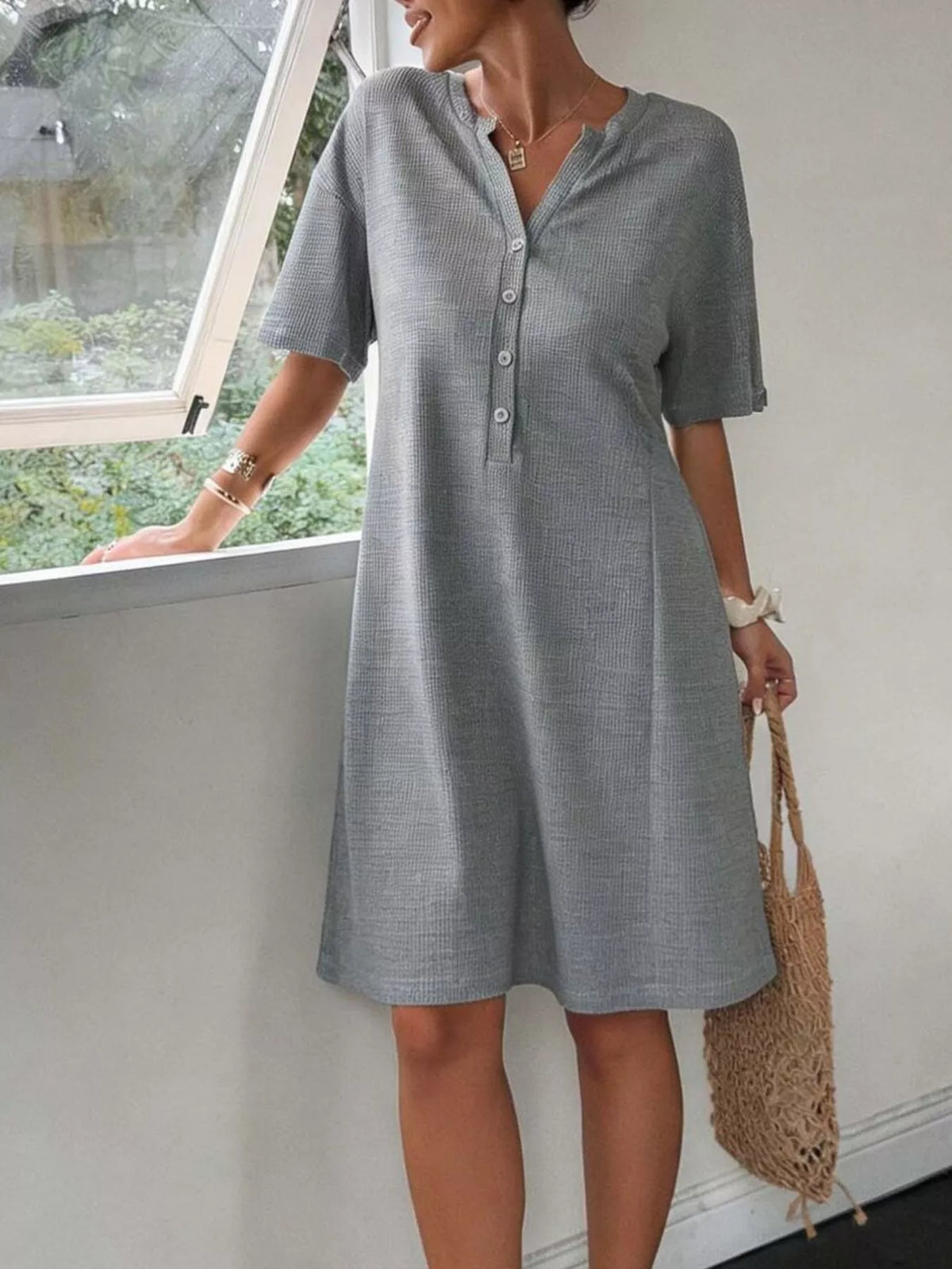 Button-Front Short Sleeve Dress - Lilixa.store