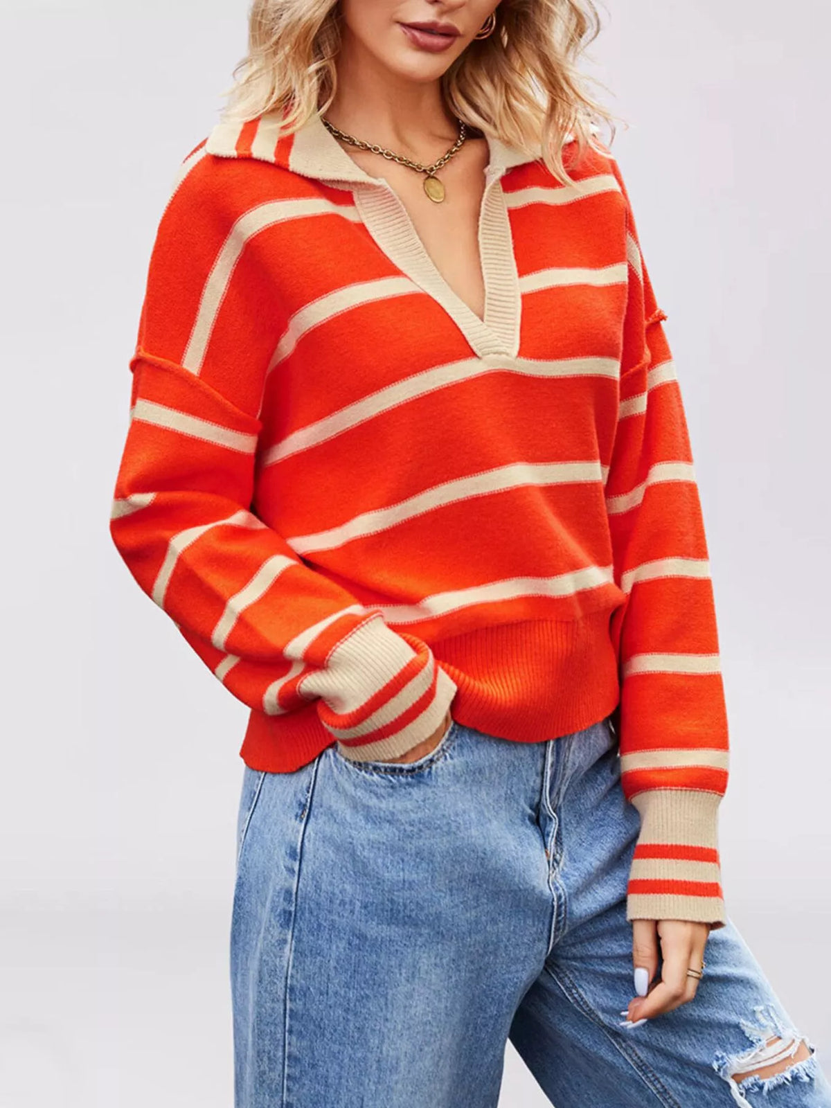 Striped Johnny Collar Dropped Shoulder Sweater - Lilixa.store