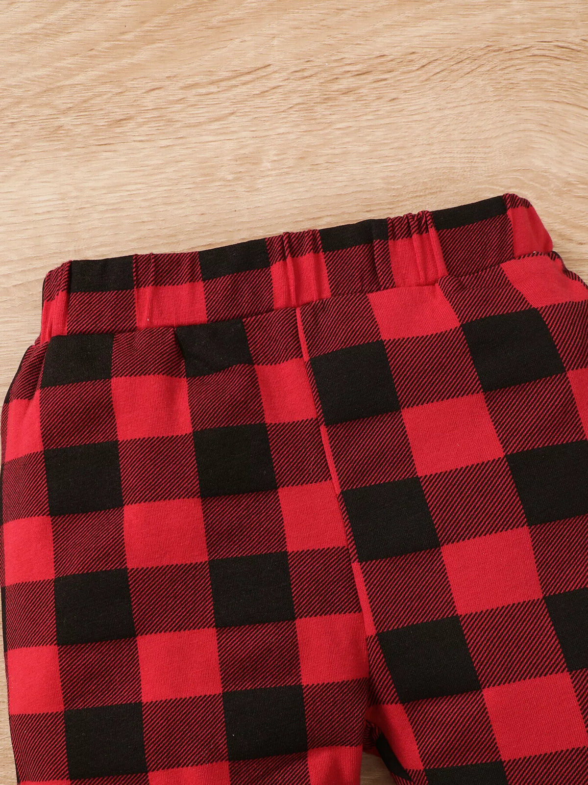 Children's Christmas Tree Graphic Top and Plaid Ruffle Pants Set with Headband in Red, view 8