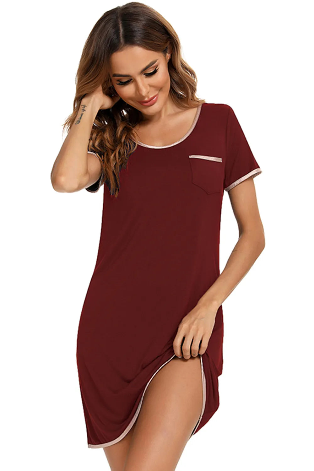 Contrast Trim Pocketed Round Neck Lounge Dress - Lilixa.store