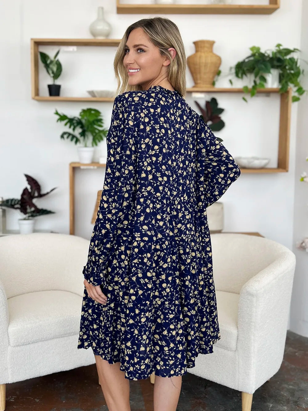 Double Take Full Size Printed Ruffle Hem Long Sleeve Tiered Dress - Lilixa.store