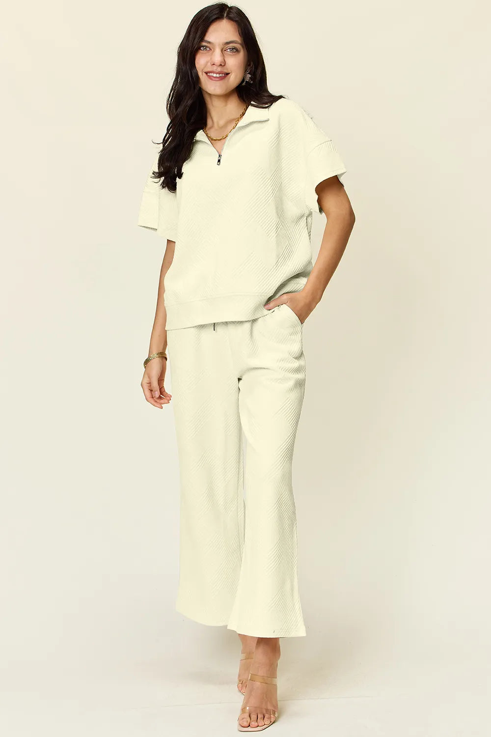 Double Take Full Size Texture Half Zip Short Sleeve Top and Pants Set in Cream
