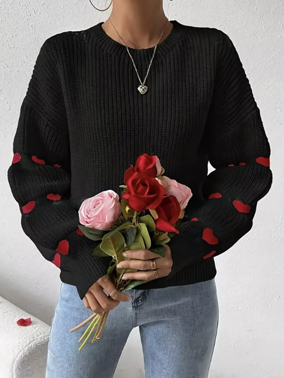 Heart Pattern Dropped Shoulder Sweater, view 4