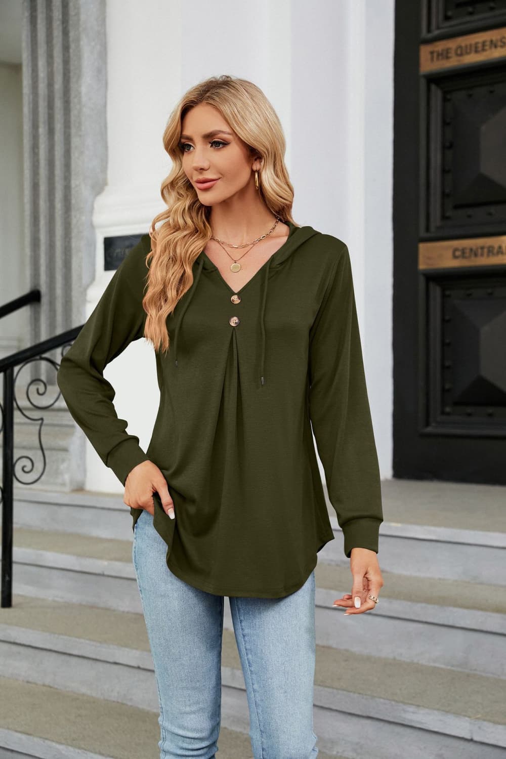 Long Sleeve Hooded Blouse in Army Green