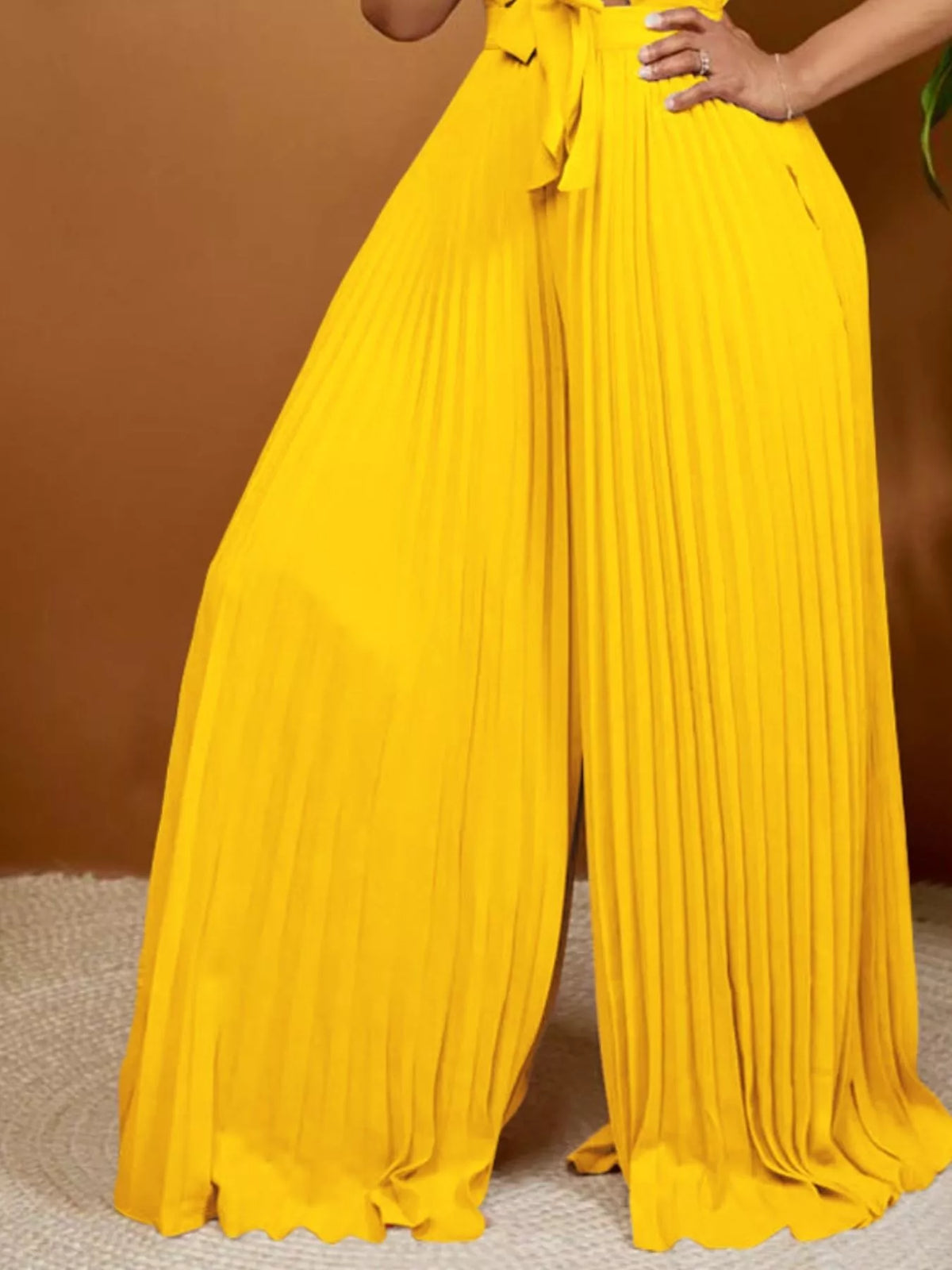 Full Size Tie Front Pleated Wide Leg Jumpsuit Plus Size - Lilixa.store