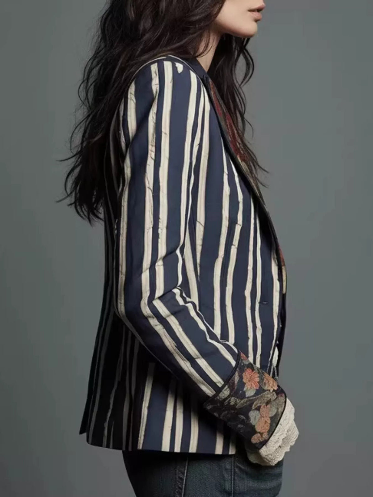 Striped Floral Contrast Slim Fit Blazer - Lilixa.store