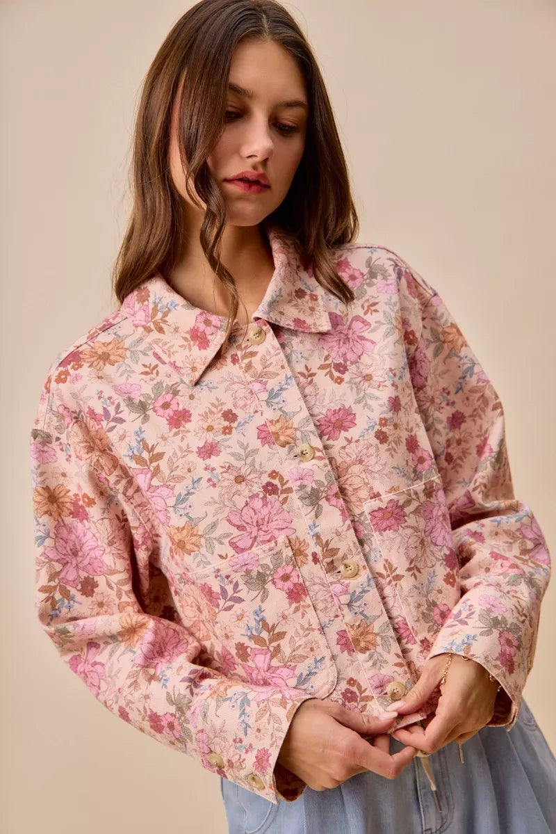 SO ME Floral Print Cotton Twill Button Down Barn Jacket in Blush Pink, view 5