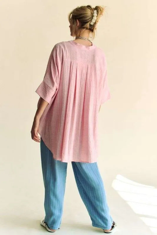 Davi & Dani Rhinestone Pleat Back Short Sleeve Loose Fit Shirt - Lilixa.store