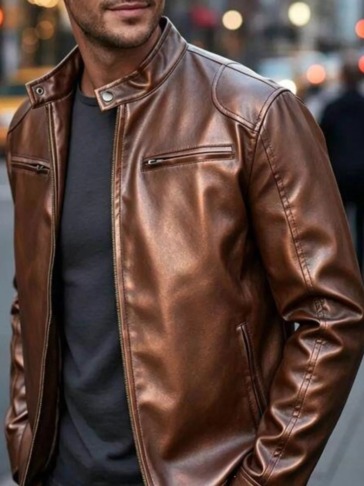 Men's Full Size Faux Leather Bomber Jacket with Zipper Pockets Plus Size - Lilixa.store