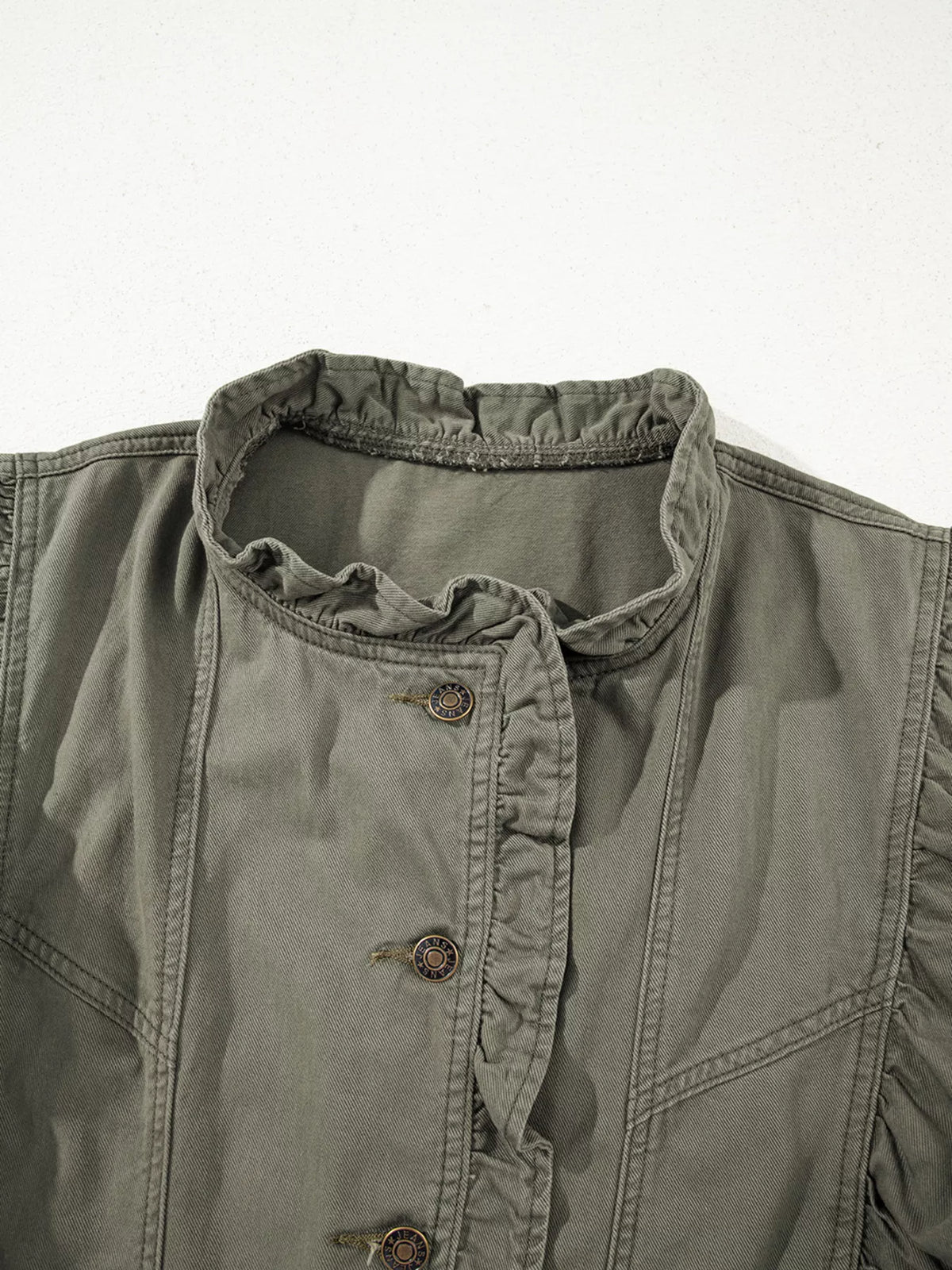 Ruffled Patchwork Denim Jacket Vest in Army Green, view 7