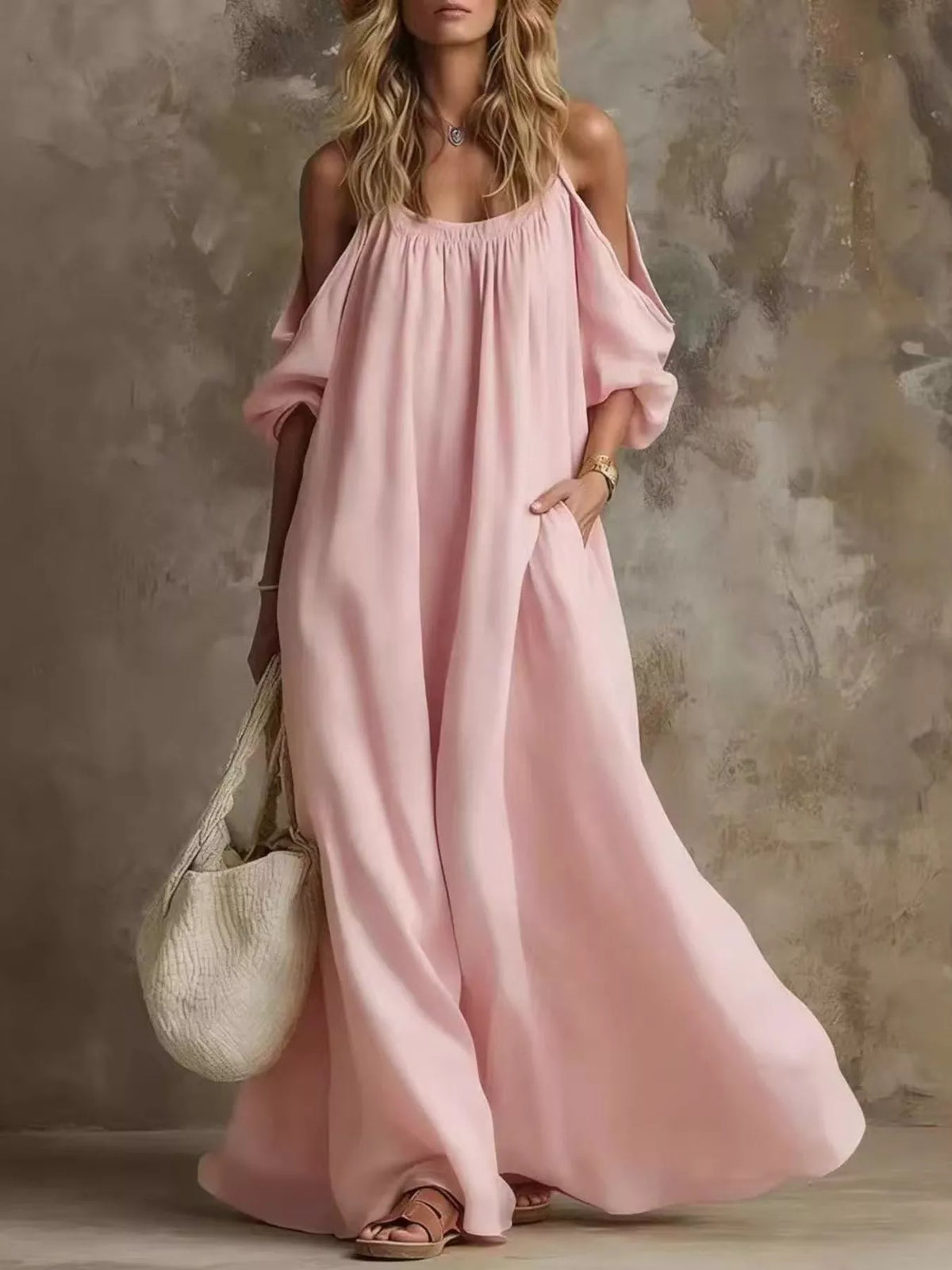 Full Size Cold-Shoulder Linen Maxi Dress Plus Size in Dusty Pink
