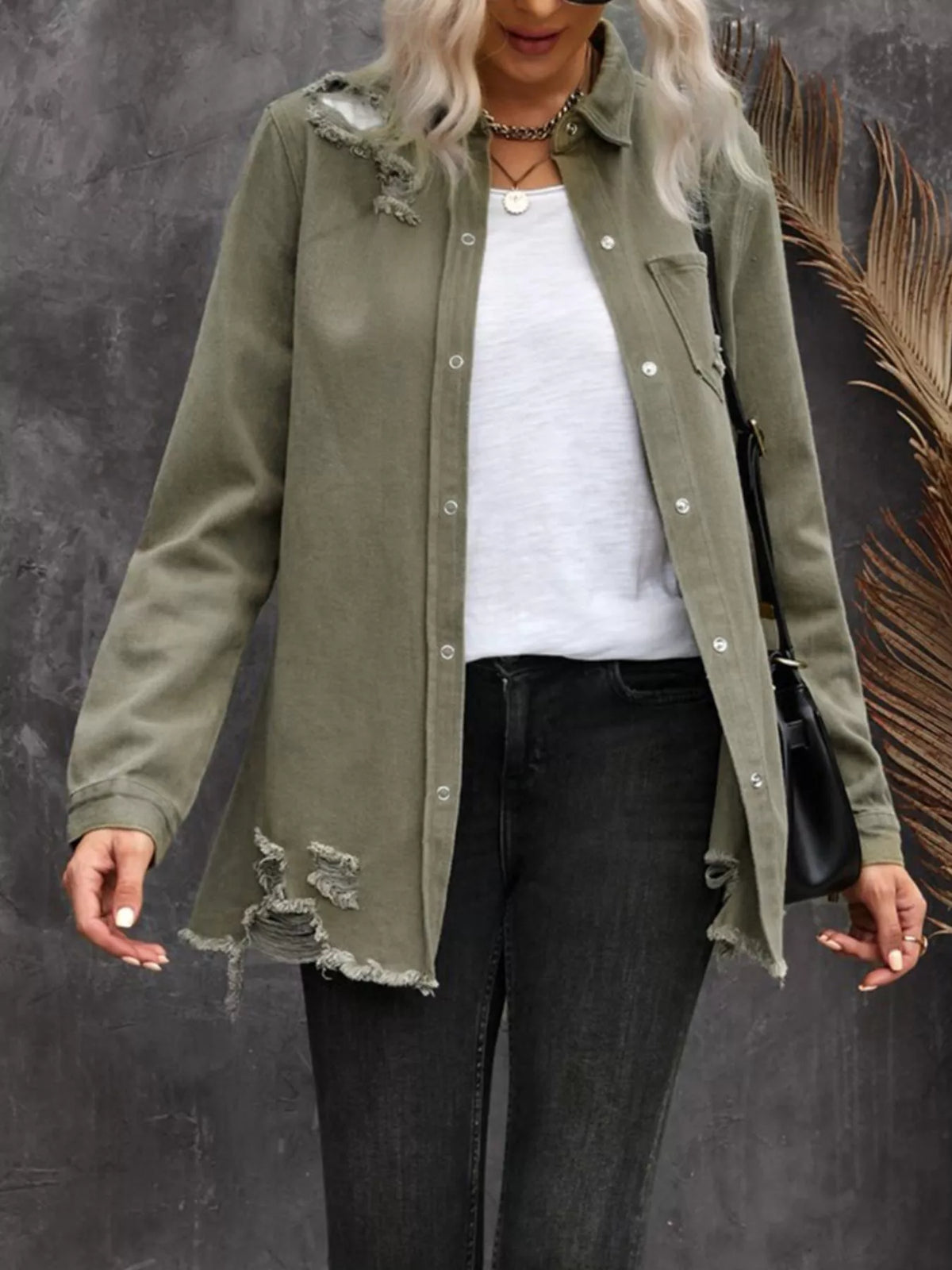 Raw Hem Distressed Denim Shirt Jacket in Army Green, view 2