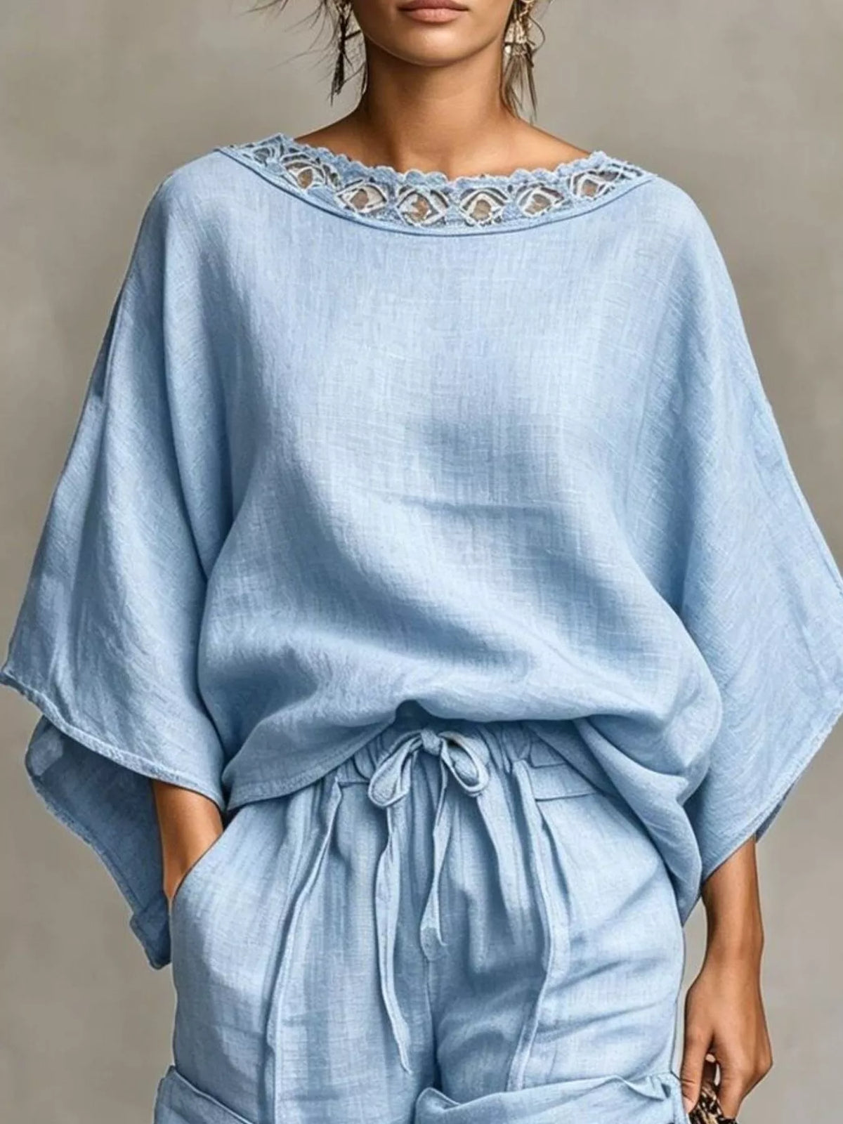 Lace Trim Top and Drawstring Shorts Set, view 3
