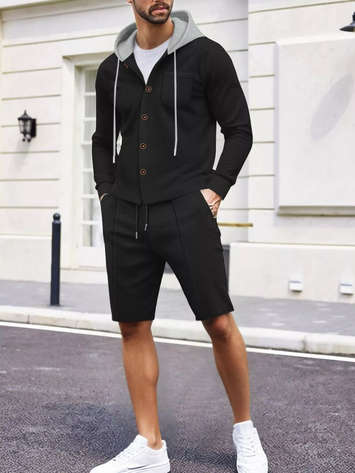 Men's Full Size Casual Hooded Button-Up Top and Shorts Set Plus Size - Lilixa.store