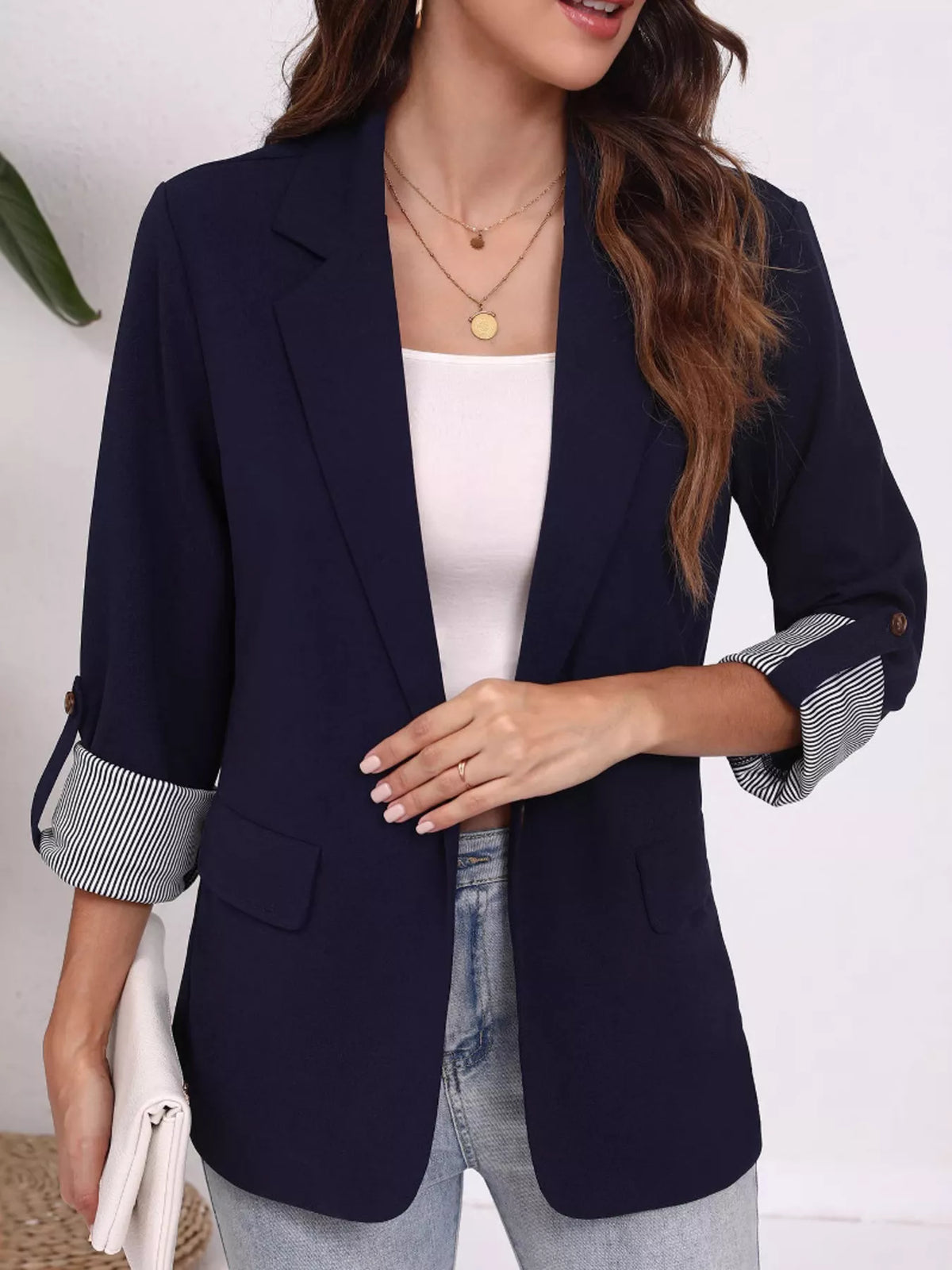 Lapel Collar Roll-Up Sleeve Blazer - Lilixa.store
