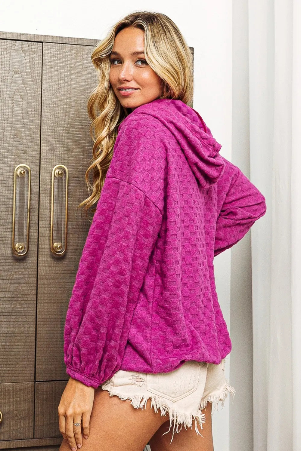 BiBi Brushed Checker Drawstring Long Sleeve Hoodie - Lilixa.store