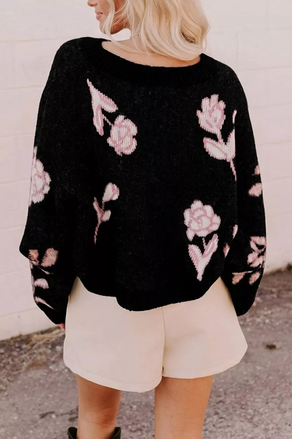 Floral Pattern Puff Sleeve Dropped Shoulder Pullover Sweater