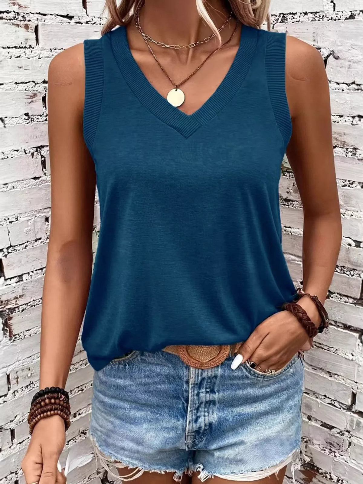 V-Neck Ribbed Trim Tank - Lilixa.store