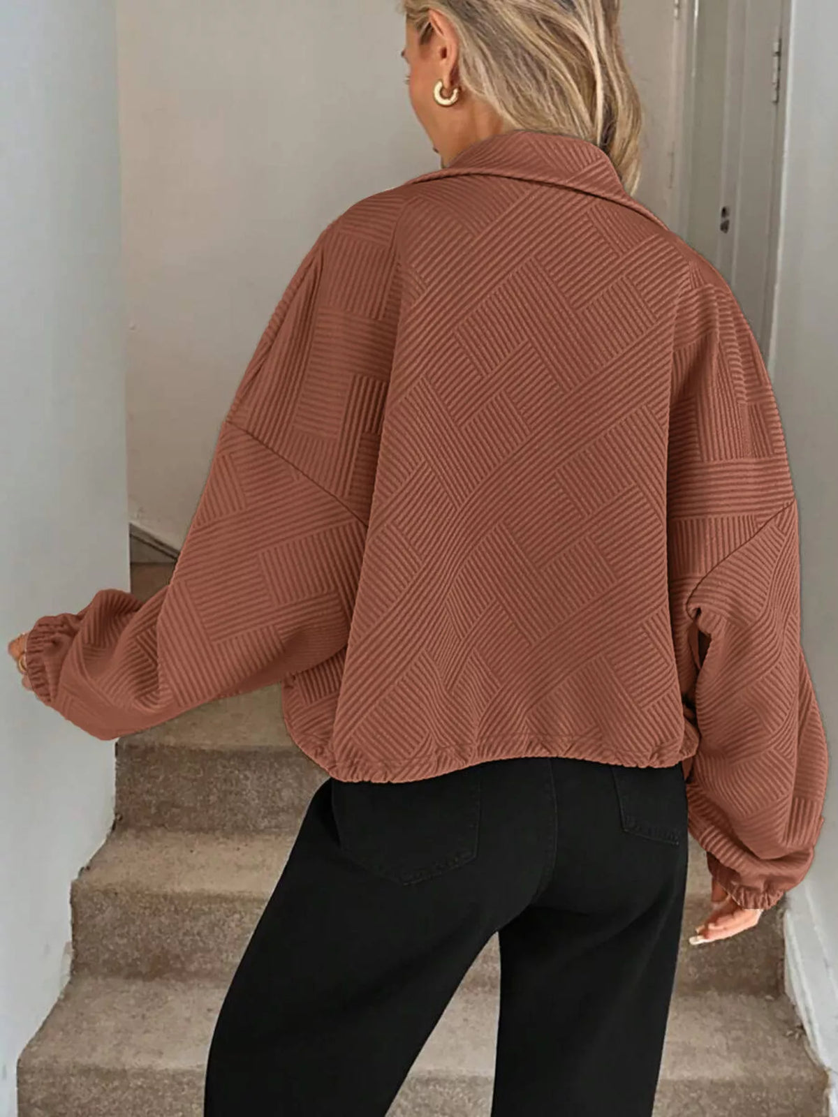 Drawstring Hem Textured Long Sleeve Jacket, view 18