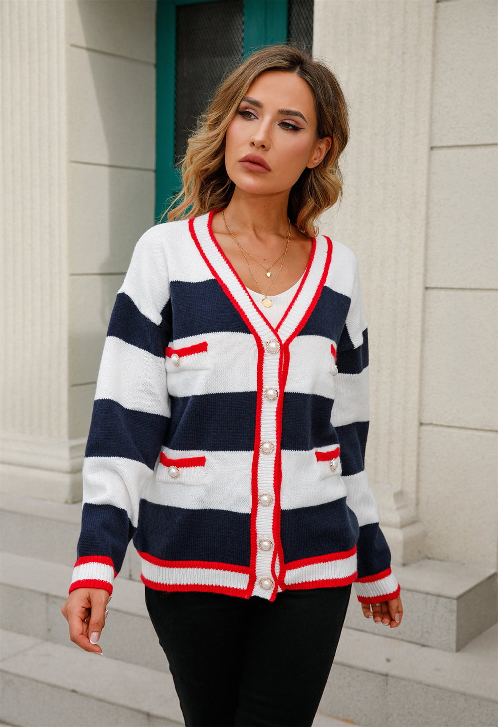 Angel Wings Color Block V-Neck Long Sleeve Cardigan - Lilixa.store